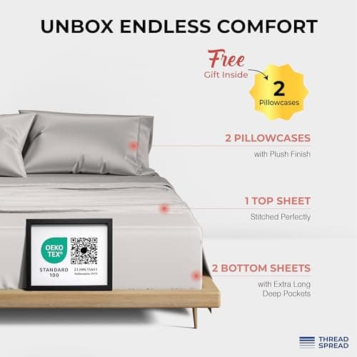 THREAD SPREAD 100% Egyptian Cotton Split King Sheets Sets for Adjustable Bed - Luxury 1200 Series Plush Collection Split Top King Sheets (5 PC, Light Grey), Soft, Cooling, 17" Deep Pocket Sheet Set - Thumbnail 3