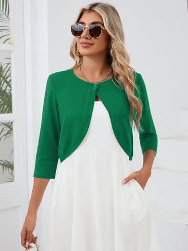Heymoments Women's Thin Shrugs for Dresses Deep Forest X-Large Open Front 3/4 Sleeve Knit Lightweight Crop Cardigan Dressy Cropped Tops Coat Sweater Clothes - Thumbnail 2