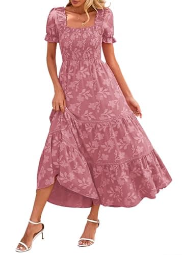 Lazysmile Women's Summer Boho Floral Maxi Dress Short Sleeve Square Neck Smocked Ruffle Elegant Wedding Guest Dress Pink - Image 1