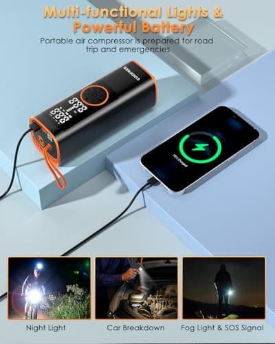 CUIOFREE Portable Tire Inflator for Car, Cordless Tire Inflator Portable Air Compressor with Digital Pressure Gauge,150PSI Dual Power, Portable Air Pump for Car Tires, Motorcycle, Bicycle, Bike, Ball - Thumbnail 5