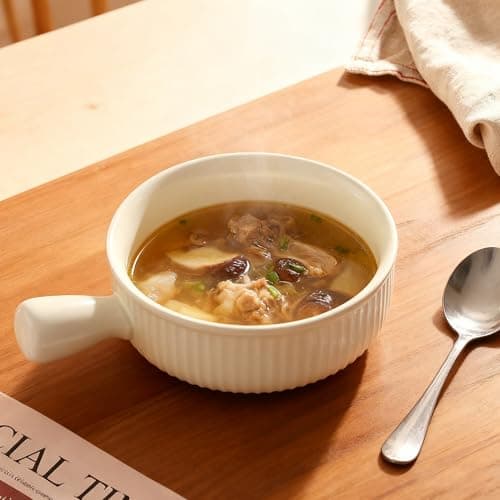 COIKZLY French Onion Soup Bowls, 20 Oz Soup Bowls with Handles, Microwave, Dishwasher & Oven Safe - Stackable Ceramic Soup Crocks for Chili, Beef Stew Set of 4, Beige - Thumbnail 4