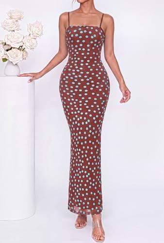 BTFBM Womens Summer Maxi Dress 2026 Floral Mesh Spaghetti Straps Sleeveless Sexy Bodycon Wedding Cocktail Party Dresses(Dot Coffee Blue, X-Large) - Thumbnail 4