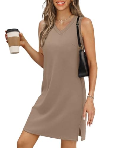 BKRIVE V-Neck Summer Casual Beach Dresses for Women 2026 Vacation Women's Sleeveless Sundress with Split Khaki - Image 1