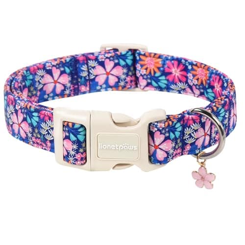Lionet Paws Floral Dog Collar Spring Summer Daisy Cosmos Bipinnatus Collars with Pink Cherry Blossom Pattern Pendant - Female Girl Dog Collar for Small Medium Dogs XS