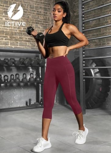 ICTIVE Women's Capris Yoga Pants with Pockets Crossover V Cross High Waisted Fitness Running Leggings Burgundy M - Thumbnail 6