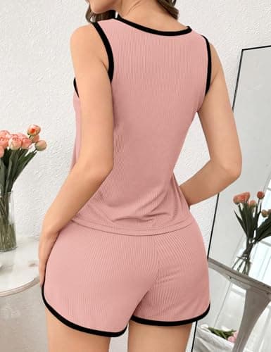 JUSTFASHIONNOW Women's 2-Piece Contrast Trim Pajama Set - Casual Tank Top & Shorts, Soft Ribbed Loungewear(Dusty Pink Medium) - Thumbnail 6