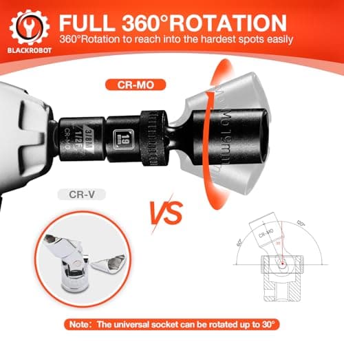 BLACKROBOT 3/8" Drive Deep Impact Swivel Socket Set, 9-Piece Flexible Wobble Socket, Metric 10-21mm, 6-Point CR-MO Steel, With Heavy Duty Storage Case - Thumbnail 3