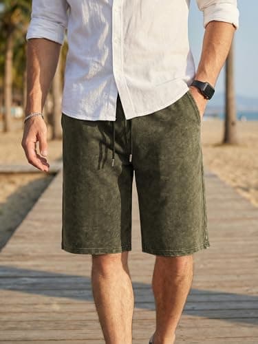 JMIERR Men's Athletic Shorts Moisture Wicking Vintage Acid Washed Cotton Loose Fit Elastic Waist Drawstring Casual Baggy Gym Shorts for Vacation,Office Date, Jungle Green, Medium - Thumbnail 2