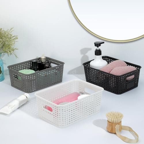 Plastic Storage Baskets 6 Pack Sturdy Storage Organizer Basket Woven Plastic Storage Bins for Shelves,Closet,Countertops, Desktops, Cabinets and Badrooms,Saving Storage, Stylish Design,White - Thumbnail 4