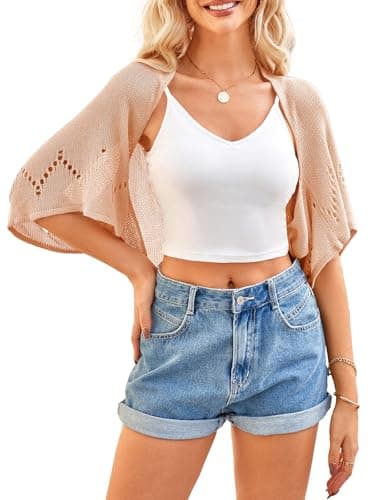 BB&KK Women's Shrug Bolero Crochet Summer Lightweight Hollow-Out Short Sleeve Open Front Cardigans Sweaters Nude Pink S - Image 1