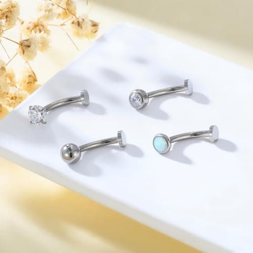Gnbaoya 4 Pcs 14G Titanium Floating Belly Button Rings for Women Hypoallergenic Flat Back Belly Button Ring 8mm/10mm/12mm/14mm Internally Threaded CZ Opal Navel Rings Piercing Jewelry (Silver, 10mm) - Thumbnail 4