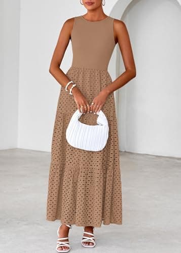 Lazysmile Womens Summer Dresses Crewneck Sleeveless A-Line Hollow Out Eyelet Tiered Tank Maxi Dress Sundress with Pockets Khaki - Thumbnail 5