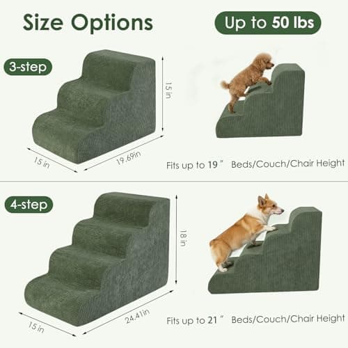 Olaivy Dog Stairs for Bed 17.7" H, 4-Step Dog Ramp for Aged and Injured Dogs, Up to 50 Lbs Foam Pet Stairs for Small Dogs and Cats to Get on Couch or Chair, Non-Slip, Steady, Washable Cover, Green - Thumbnail 3
