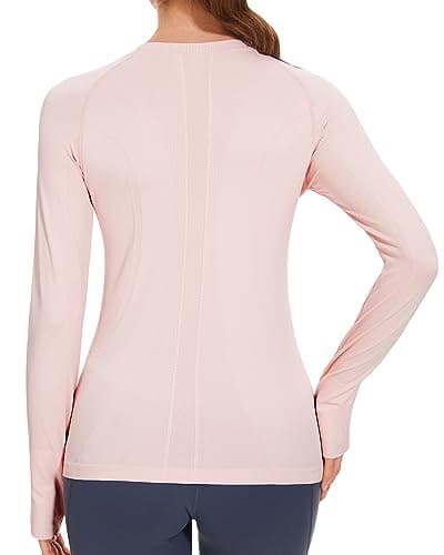 Stelle Womens Seamless Workout Top Yoga Athletic Shirt with Thumb Hole Breathable for Sports Running (Ballet Pink, L) - Thumbnail 2