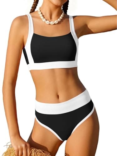 AMAWMW Girls Swimsuit Bathing Suit Color Block Adjustable Straps Bikini Set Two Piece Girls' Swimwear with Chest Pad, Black, 13-14 Years