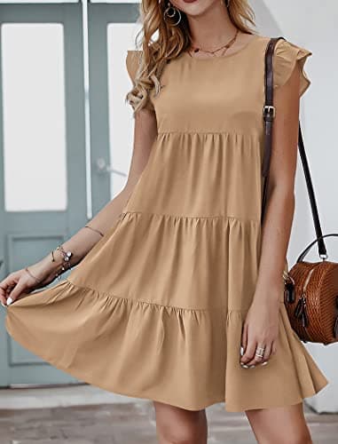 KIRUNDO Flowy Summer Dress for Women Sleeveless Ruffle Cap Sleeve Round Neck Loose Short Pleated Mini Babydoll Sun Dresses(Khaki, Medium) - Thumbnail 5