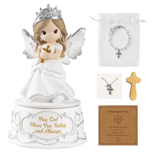 Gleemoria First Communion Gifts for Girls – Baptism & Confirmation Gifts for Teen Girls, Angel Figurine with Keepsake Box, Cross Necklace for Girls & Adjustable Bracelet & Wood Cross - Image 1