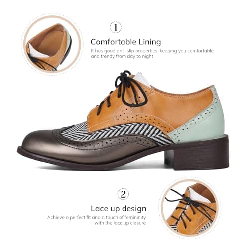 Yremael Women Yellow Oxfords Lace Up Pointed Toe Classic Business Formal Wingtip Brogue Dressy Shoes - Thumbnail 4