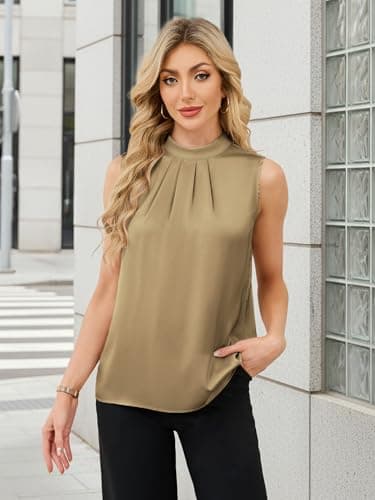 Funlingo Satin Camisole for Women Summer Dressy Casual Blouses Mock Neck Basic Tops Sleeveless Winter Date Night Undershirt Khaki S - Thumbnail 2