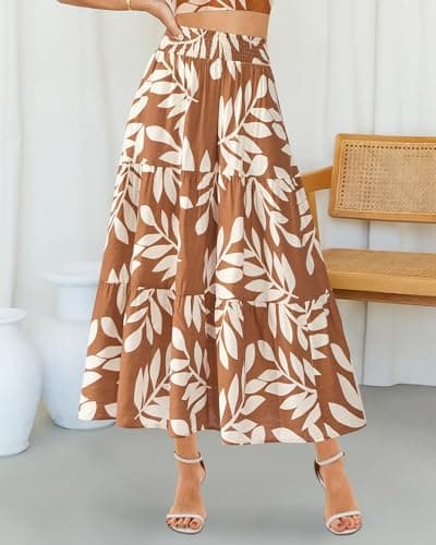 BTFBM Skirts for Women Summer 2026 Floral Print A Line Elastic High Waist Boho Maxi Skirt Spring Fashion Clothing Pocket(Leaf Khaki, XX-Large) - Thumbnail 2