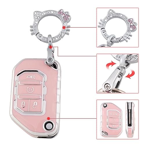 Pangpai Pink Key Fob Cover for Jeep, Soft TPU Key Case Protection with Bling Keychain Fit for 2018-2022 Jeep Gladiator Wrangler Sahara Rubicon - Thumbnail 4