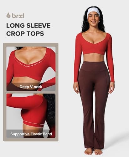 BRXL Red Crop Tops for Women Long Sleeve Workout Gym Athletic Tops Built in Bra Deep V Neck Ruched Padded Dance Sexy Shirts - Thumbnail 6
