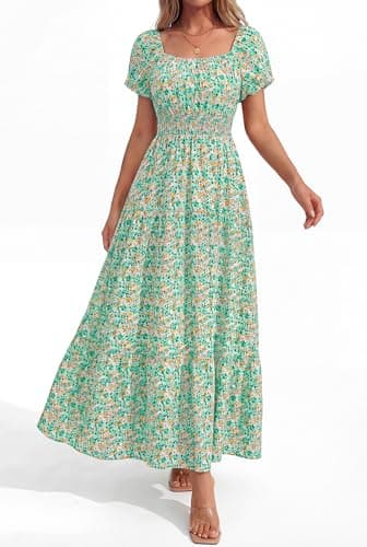 BTFBM Summer Dress for Women 2026 Spring Floral Short Sleeve Casual Flowy A-Line Smocked Tiered Maxi Dresses Pockets(Floral Green, X-Large) - Thumbnail 4