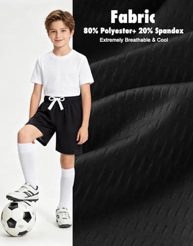 Cozople Boys Sports Shorts Stretchy Lightweight Breathable Mesh Athletic Shorts with Pockets for Summer Camp Basketball Daily Play Black Stain-Resistant - Thumbnail 5