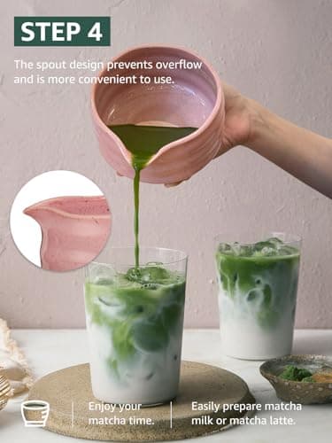 Sisher Matcha Set,Matcha Bowl with Spout,Cute Matcha Set(5pcs) Matcha Bowl,Bamboo Whisk, Matcha Scoop, Matcha Whisk Holder (Chasen Holder), Stainless Steel Sifter, Macha Kit - Thumbnail 6