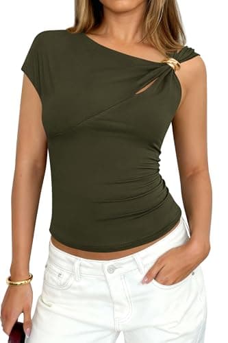 PRETTYGARDEN Womens Summer Tops 2026 One Shoulder Buckle Cut Out Asymmetrical Y2K T-Shirts Knit Spring Going Out Shirts(Army Green,XX-Large) - Image 1