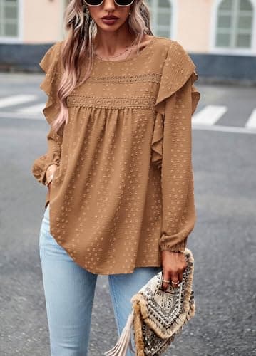 PRETTYGARDEN Spring Tops for Women 2026 Ruffle Sleeve Blouses Swiss Dot Crochet Loose Fit Tunic Dressy Casual Business Work Shirts (Brown, XXL) - Thumbnail 6