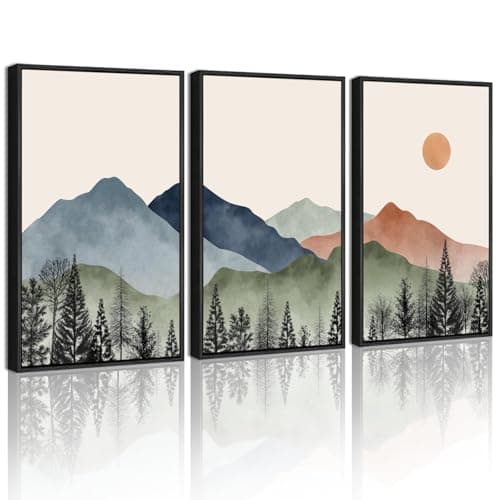 KUVIOKE Vintage Mountain Framed Wall Art Watercolor Nature Boho Sun Rise Paints Farmhouse Rustic Room Decor Ready to Hang 16x24in (Black Framed) - Image 1