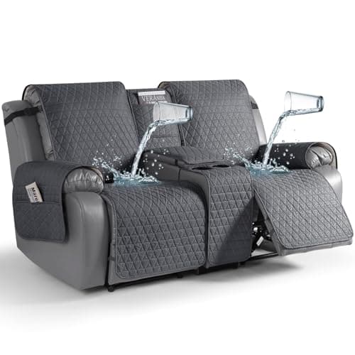 TAOCOCO 100% Waterproof Loveseat Recliner Covers with Console, Non Slip Recliner Covers that Stay in Place, Split Seat Design Washable Reclining Loveseat Cover with Elastic Straps, Charcoal Gray - Image 1