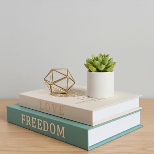 VEKALON Decorative Faux Book Decor - Set of 2 Linen Golden Butterfly Sunflower Fake Book Storage Box for Coffee Table,Bookshelf and Home Decoration(Tiffany Blue Beige) - Image 1