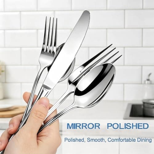 48-Piece Stainless Steel Silverware Set for 8, Mirror Polished Flatware Set with Steak Knives, Silver Cutlery Set for Home, Kitchen & Restaurant Use, Dishwasher Safe - Thumbnail 4