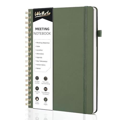 WEMATE Meeting Notebook for Work B5 (7"x10") - PU Leather Work Notebook with Agenda, Action Items & Notes - 200 Pages for Men&Women, Staff and Students, Meeting, Projects Planning - Olive Green