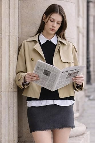 Orolay Cropped Trench Jackets for Women Short Trench Coats Double Breasted Casual Loose Fit Spring Jackets - Thumbnail 3