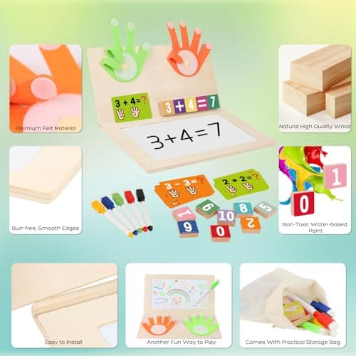 Number Blocks Toys for Kids Wooden Montessori Toys for 3 4 Years Old Boy Girl Toddler Fingers Arithmetic Educational Math Manipulatives with Whiteboard 5-7 Preschool Learning Activities Counting Game - Thumbnail 4