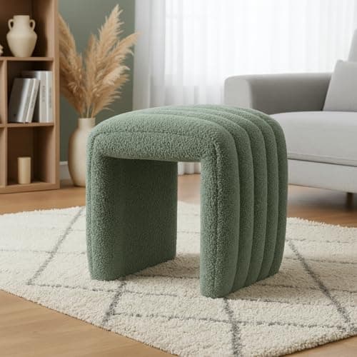 SEYNAR Modern Boucle Upholstered Ottoman,Small Accent Footrest Bench,Upholstered Cube Seat for Bedroom,Living Room,Entryway(Green) - Image 1