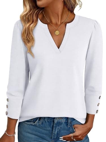 NORACORA 3/4 Length Sleeve Womens Tops with Button Cuffs Dressy Casual Blouses for Women V Neck T Shirts Beach Vacation Spring Summer Outfits White XL - Image 1