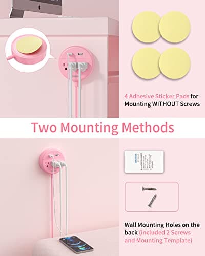 Pink Extension Cord 15ft, NTONPOWER Flat Plug Power Strip with Long Extension Cord, 3 Outlet 2 USB Desktop Charging Station Wall Mount for Home, Dorm Room, Office and Nightstand, ETL Listed - Thumbnail 3