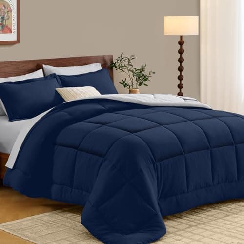 FUANNA Cal King Size Comforter Sets 7PCS, Reversible Bed in a Bag with All Season Soft Comforter, Bedding Sets Includes Comforter, Flat Sheet, Fitted Sheet, Pillowcases & Shams, Navy Blue & Light Grey - Image 1