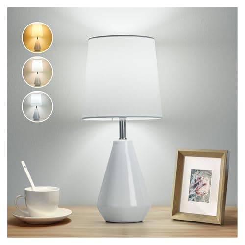 bdayanx Small Bedside Table Lamp for Bedroom - Reading Desk Lamp with 3 Color Temperatures，15.5" Nightstand Ceramic Lamp with Fabric Shade for Kids Room,Living Room,Dorm,Home Office (White)