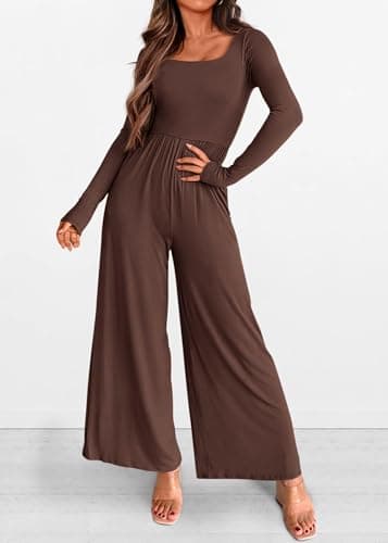 KIRUNDO Long Sleeve Jumpsuit for Women 2026 Spring Outfits Summer One Piece Square Neck Wide Leg Pants Romper With Pockets(Coffee, Large) - Thumbnail 5