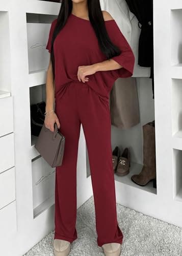 KIRUNDO Two Piece Sets for Women Lounge Airport Travel Vacation Outfits 2026 Summer Off Shoulder Tops Matching Wide Leg Pants(Burgundy, X-Large) - Thumbnail 2