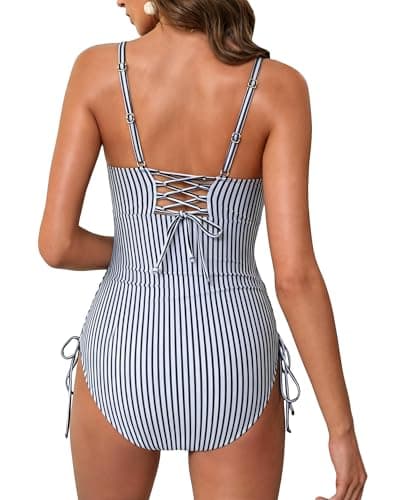 IEEILULU Women One Piece Swimsuits Sleeveless Cutout Back Spaghetti Straps Bathing Suit Tummy Control Swimsuit with Chest Pad Black Striped L - Thumbnail 3