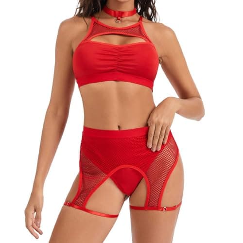 Kiruhytan Women‘s Rave Outfits Set: Cutout Fishnet Lingerie Top High Waisted Dance Shorts for Festival Party - Image 1
