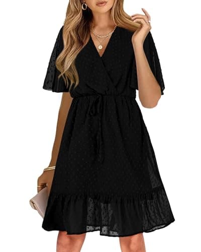 KIRUNDO Womens Summer Dresses 2026 Casual Spring Short Sleeve V Neck Ruffle Swiss Dot High Waist Belted Flowy Mini Dress, Style2-black, X-Large - Image 1