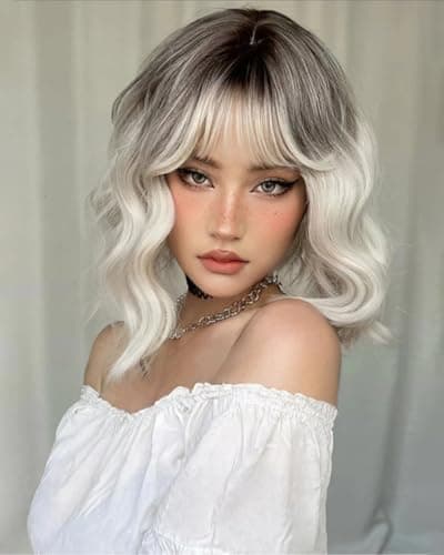 Monaluxe Short Bob Wigs with Bangs Loose Curly Wavy Shoulder Length Bob Synthetic Cosplay Wig for Women Colorful Costume Wigs