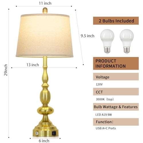 29" Tall Table Lamps for Living Room Set of 2 with USB C+A Charging Ports, Gold Farmhouse 3-Way Dimmable Bedside Lamps, Modern Industrial Nightstand Lamps for Bedroom End Table(2 LED Bulbs Included) - Thumbnail 6